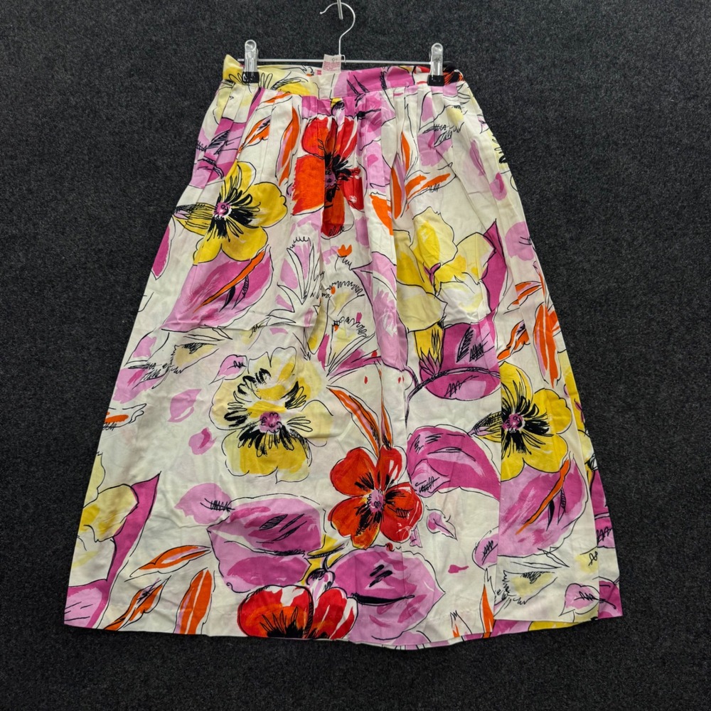 Annie Rose Vintage 80s Floral Cotton Midi Skirt Pink Orange Yellow Size 5/6